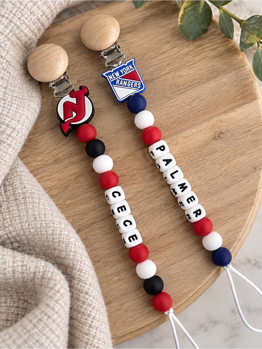 Personalized Kids Pacifier Clips - Red, White & Blue Beaded Bib Accessory
